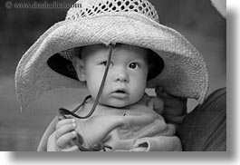 america, babies, black and white, childrens, clothes, girls, hats, horizontal, idaho, north america, people, pink, red horse mountain ranch, straw hat, united states, photograph