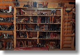 america, boots, cowboys, horizontal, idaho, north america, red horse mountain ranch, shelves, stables, united states, photograph