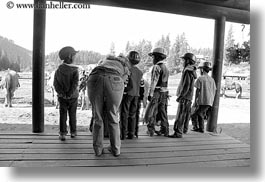 america, black and white, childrens, horizontal, idaho, north america, red horse mountain ranch, stables, united states, photograph