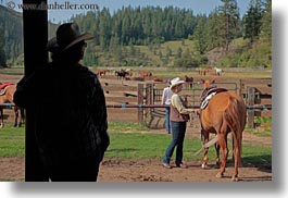 america, clothes, cowboy hat, hats, horizontal, horses, idaho, michelles, north america, people, red horse mountain ranch, stables, united states, watching, womens, photograph