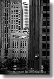 america, black and white, buildings, chicago, illinois, north america, tribune, united states, vertical, photograph