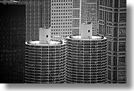 america, black and white, buildings, chicago, cob, corn, horizontal, illinois, north america, towers, united states, photograph