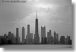 america, black and white, buildings, chicago, cityscapes, classic, clouds, horizontal, illinois, north america, united states, photograph