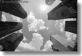 america, black and white, buildings, chicago, cityscapes, clouds, fisheye, fisheye lens, horizontal, illinois, north america, sun, united states, upview, photograph