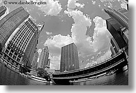 america, black and white, buildings, chicago, cityscapes, clouds, fisheye, fisheye lens, horizontal, illinois, north america, rivers, united states, photograph