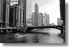 america, black and white, boats, buildings, chicago, cityscapes, horizontal, illinois, north america, rivers, united states, photograph