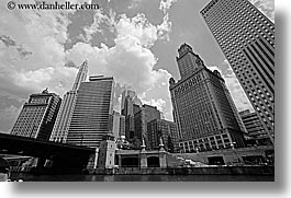 america, black and white, buildings, chicago, cityscapes, clouds, horizontal, illinois, north america, rivers, united states, upview, photograph