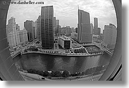 america, black and white, buildings, chicago, cityscapes, fisheye, fisheye lens, horizontal, illinois, north america, rivers, united states, photograph