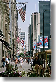 america, buildings, chicago, cityscapes, flags, illinois, north america, people, united states, vertical, photograph