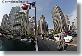 america, bridge, buildings, chicago, cityscapes, fisheye lens, flags, horizontal, illinois, men, north america, united states, walkers, photograph