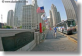 america, bridge, buildings, chicago, cityscapes, fisheye lens, flags, horizontal, illinois, north america, united states, walkers, photograph