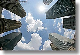 america, buildings, chicago, cityscapes, clouds, fisheye, fisheye lens, horizontal, illinois, north america, sun, united states, upview, photograph