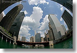 america, bridge, chicago, cityscapes, clouds, fisheye, fisheye lens, horizontal, illinois, north america, rivers, united states, water, photograph