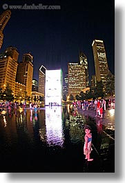 america, chicago, childrens, crown fountains, fisheye lens, fountains, illinois, millenium, millenium park, nite, north america, people, united states, vertical, water, photograph
