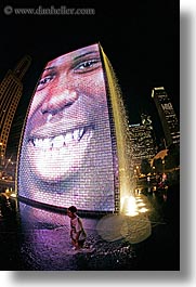 america, chicago, childrens, crown fountains, fisheye lens, fountains, illinois, millenium park, nite, north america, people, united states, vertical, water, photograph