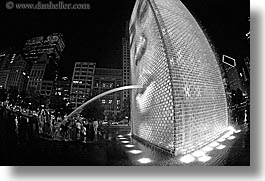 america, black and white, chicago, childrens, crown fountains, fisheye lens, fountains, horizontal, illinois, millenium park, nite, north america, people, spewing, united states, water, photograph