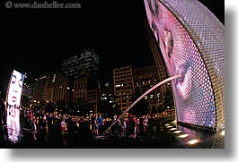 america, chicago, childrens, crown fountains, fisheye lens, fountains, horizontal, illinois, millenium park, nite, north america, people, spewing, united states, water, photograph
