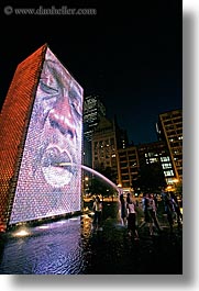 america, chicago, childrens, crown fountains, fountains, illinois, millenium park, nite, north america, people, spewing, united states, vertical, water, photograph
