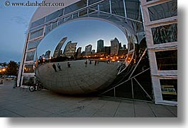 america, artwork, chicago, cityscapes, clouds, construction, dusk, horizontal, illinois, long exposure, millenium park, north america, reflections, the cloud, united states, photograph