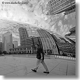 america, artwork, black and white, chicago, cityscapes, illinois, men, millenium park, north america, passing, people, reflections, square format, the cloud, united states, photograph