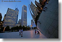 america, artwork, chicago, cityscapes, dusk, horizontal, illinois, millenium park, north america, passing, people, reflections, slow exposure, the cloud, united states, photograph