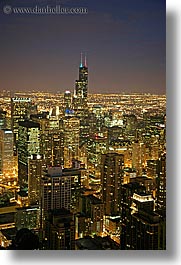 america, chicago, cityscapes, illinois, long exposure, nite, north america, sears, towers, united states, vertical, photograph