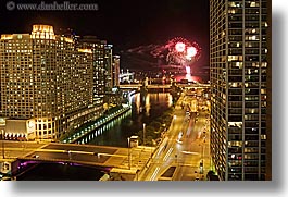america, buildings, chicago, cityscapes, fireworks, horizontal, illinois, nite, north america, slow exposure, streets, united states, wacker, photograph