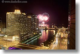 america, buildings, chicago, cityscapes, fireworks, horizontal, illinois, long exposure, nite, north america, streets, united states, wacker, photograph