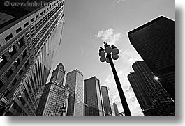america, black and white, chicago, cityscapes, horizontal, illinois, lamp posts, north america, streets, united states, photograph