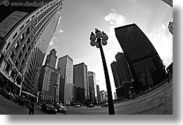 america, black and white, chicago, cityscapes, fisheye lens, horizontal, illinois, lamp posts, north america, streets, united states, photograph