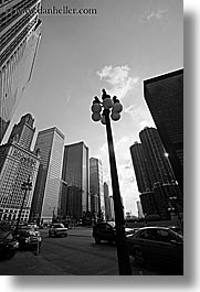 america, black and white, chicago, cityscapes, illinois, lamp posts, north america, streets, united states, vertical, photograph