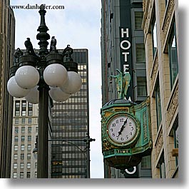america, chicago, clocks, illinois, lamp posts, north america, square format, streets, united states, photograph