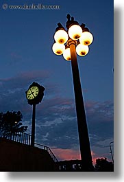 america, chicago, clocks, dusk, illinois, lamp posts, north america, streets, sunsets, united states, vertical, photograph