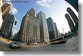 america, buildings, bus, cars, chicago, cityscapes, fisheye lens, horizontal, illinois, north america, streets, traffic, united states, photograph