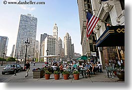 america, buildings, cafes, chicago, cityscapes, flags, horizontal, illinois, north america, sidewalks, streets, united states, photograph