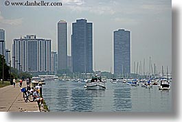america, boats, chicago, cities, cityscapes, fishermen, horizontal, illinois, north america, united states, water, water front, photograph