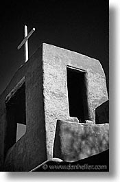 america, black and white, churches, desert southwest, indian country, new mexico, north america, santa fe, southwest, towers, united states, vertical, western usa, photograph
