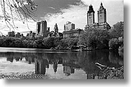 america, black and white, buildings, central park, horizontal, new york, new york city, north america, reflect, united states, photograph