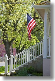 america, american, ashland, conceptual, flags, nature, north america, oregon, patriotic, plants, porch, trees, united states, vertical, photograph