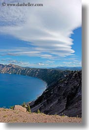 america, clouds, crater, crater lake, crater rim, geology, lakes, nature, north america, oregon, rim, sky, sun, united states, vertical, water, photograph