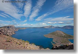 america, clouds, crater lake, geology, horizontal, islands, nature, north america, oregon, sky, sun, united states, wizard, wizard island, photograph