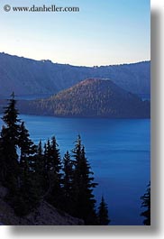 america, crater lake, geology, islands, north america, oregon, trees, united states, vertical, wizard, wizard island, photograph