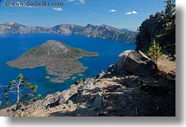 america, crater lake, geology, horizontal, islands, north america, oregon, trees, united states, wizard, wizard island, photograph