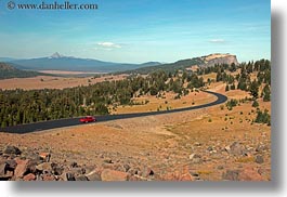 america, crater lake, horizontal, landscapes, mountains, north america, oregon, red, roads, trucks, united states, photograph