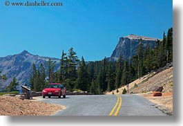 america, cars, crater lake, horizontal, north america, oregon, red, roads, united states, photograph