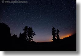 america, crater lake, dusk, fisheye lens, horizontal, long exposure, nite, north america, oregon, stars, trees, united states, photograph