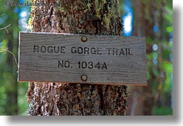 america, gorge, horizontal, north america, oregon, rogue, rogue gorge, signs, trails, united states, photograph