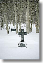 america, crosses, glenwood cemetery, gravestones, north america, park city, snow, trees, united states, utah, vertical, western usa, photograph
