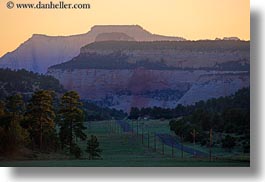 america, horizontal, landscapes, mesas, north america, roads, sunsets, trees, united states, utah, western usa, zion, photograph