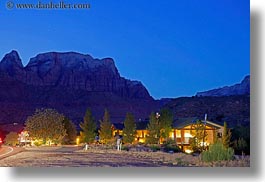 america, buildings, horizontal, hotels, long exposure, mountains, nite, north america, structures, united states, utah, western usa, zion, photograph